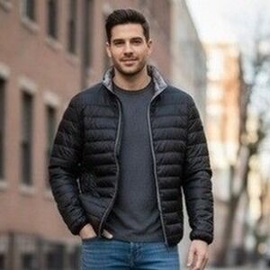 Express Mens Black Down Feather‎ Quilted Puffer Jacket Size Medium Full Zip